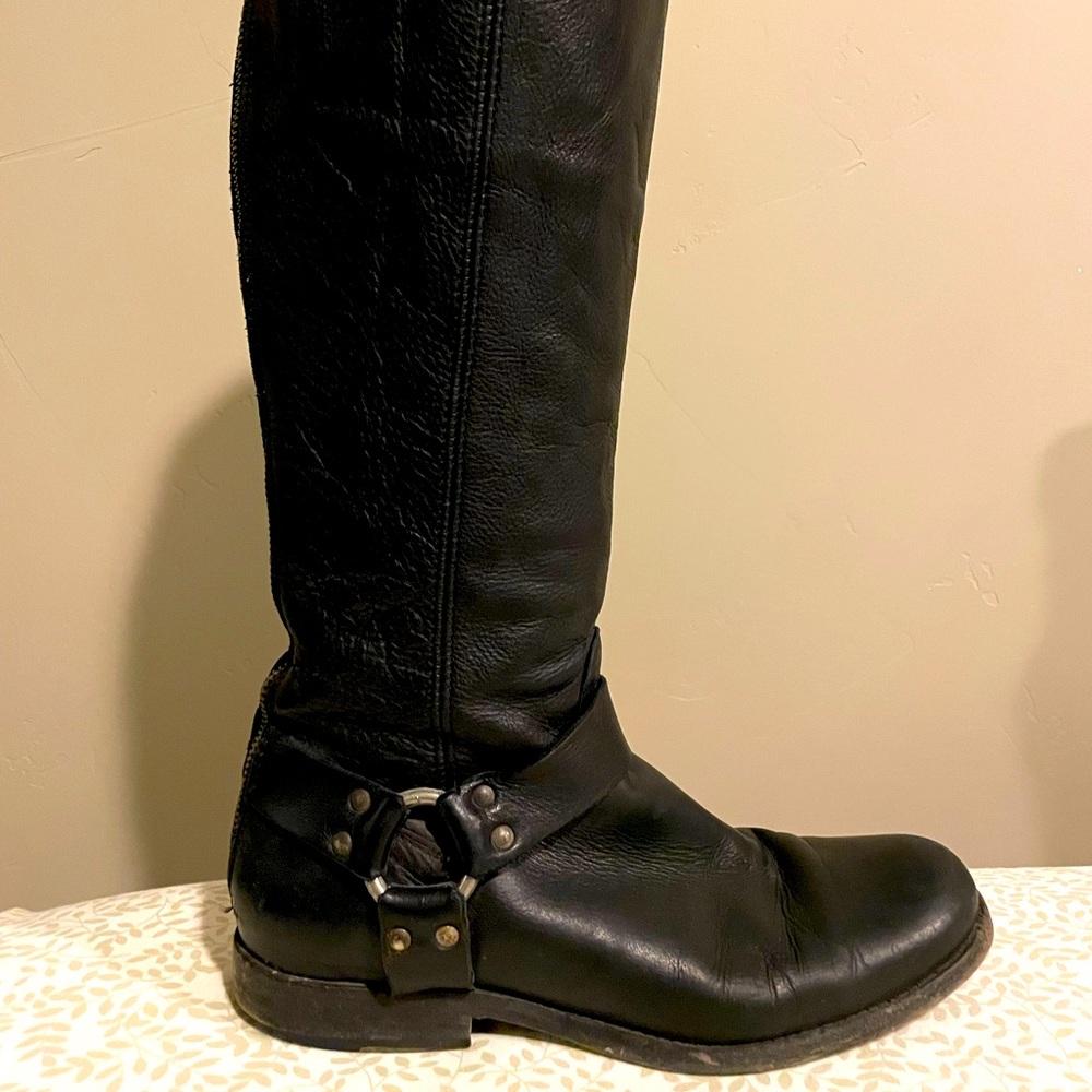 Frye Black Phillip Harness Tall Rear Zip Up Calf Block Heel Boots